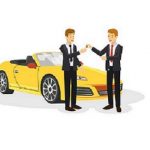 Two bussinessman are negotiation about car sell in the dealer